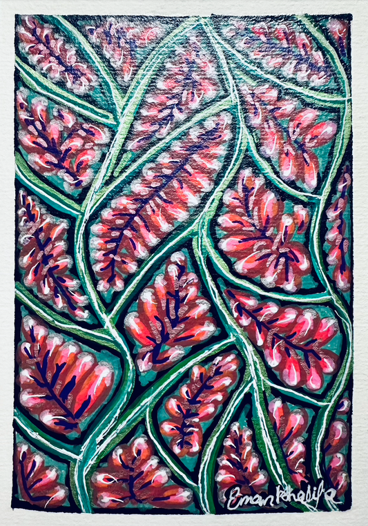 A6 original acrylic painting featuring a vibrant floral bloom pattern with red blossoms and green botanical lines by Eman Khalifa.