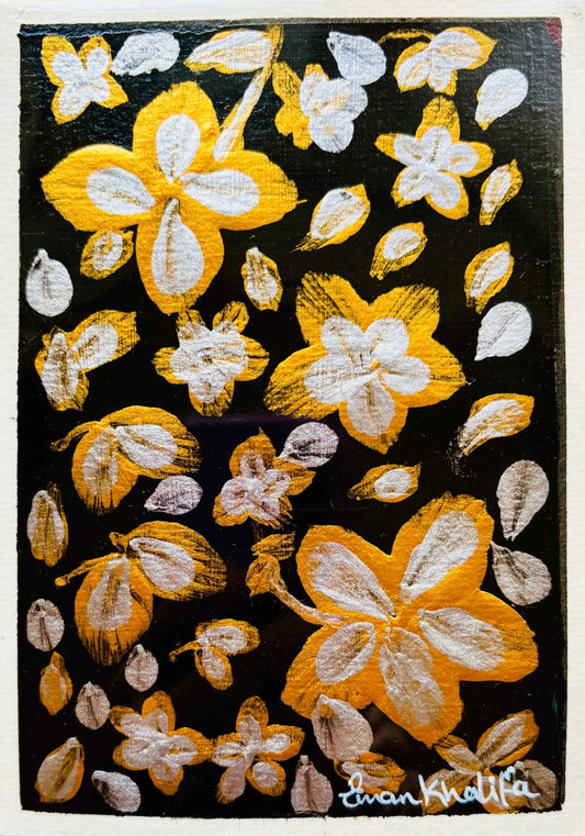 Floral Symphony on Black – Original Gold & Silver Floral Mini Painting on A6 Cardstock
