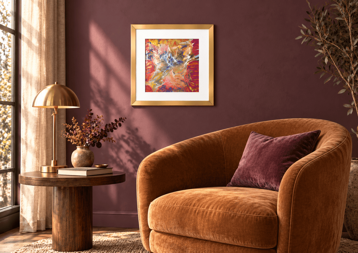 Ecstasy by Eman Khalifa, a square abstract painting with pale branching forms amid violet, pink, blue and gold flowing colour hung in a gold frame on a plum wall above a reading nook