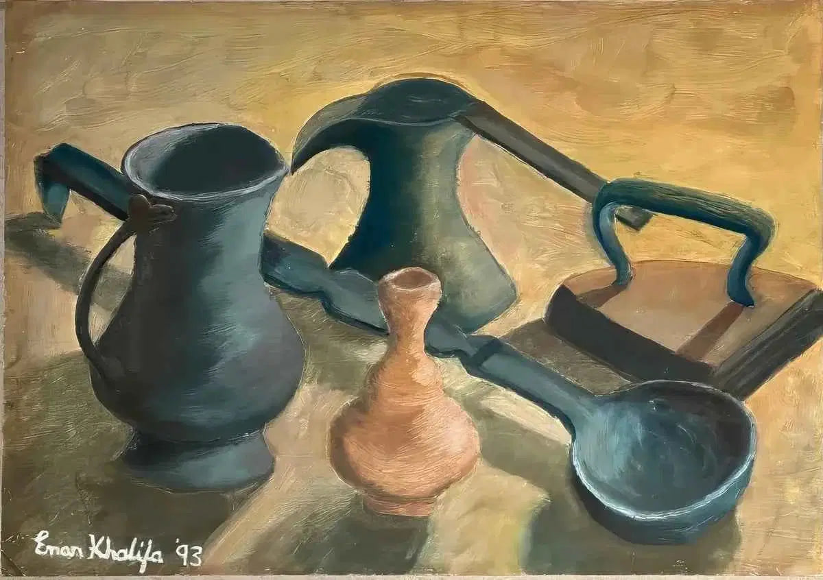 Still life painting of ceramic pots and a spoon on a textured surface, signed 'Eman Khalifa' with the year '93.