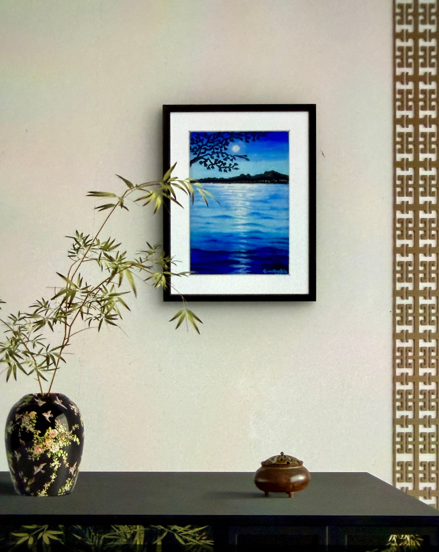 Nocturned - Framed Original Oil Pastel Drawing - Tonalism Moonlit Night Scene
