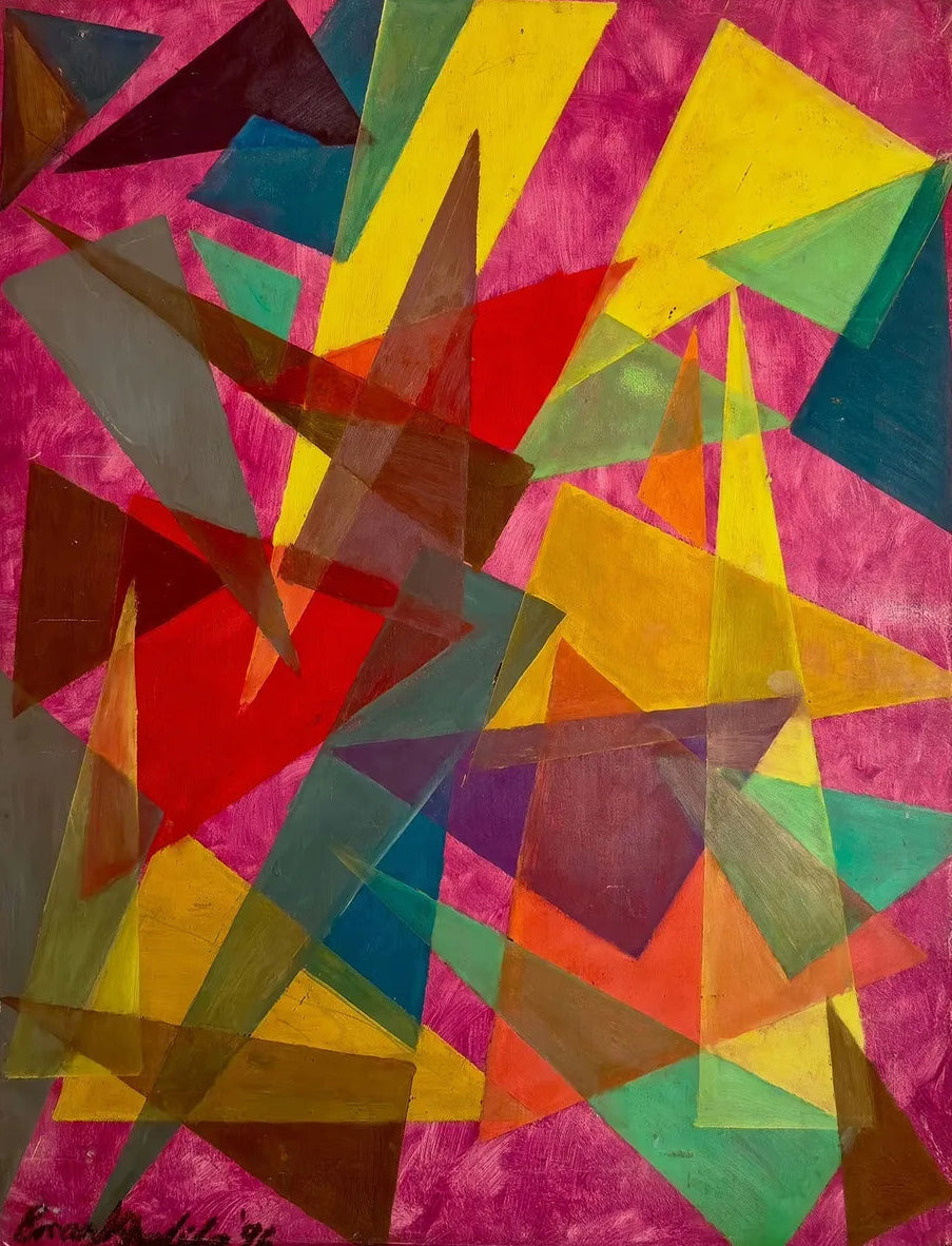 Original oil painting with magenta ground and layered triangles — ‘In the Wine Glass’