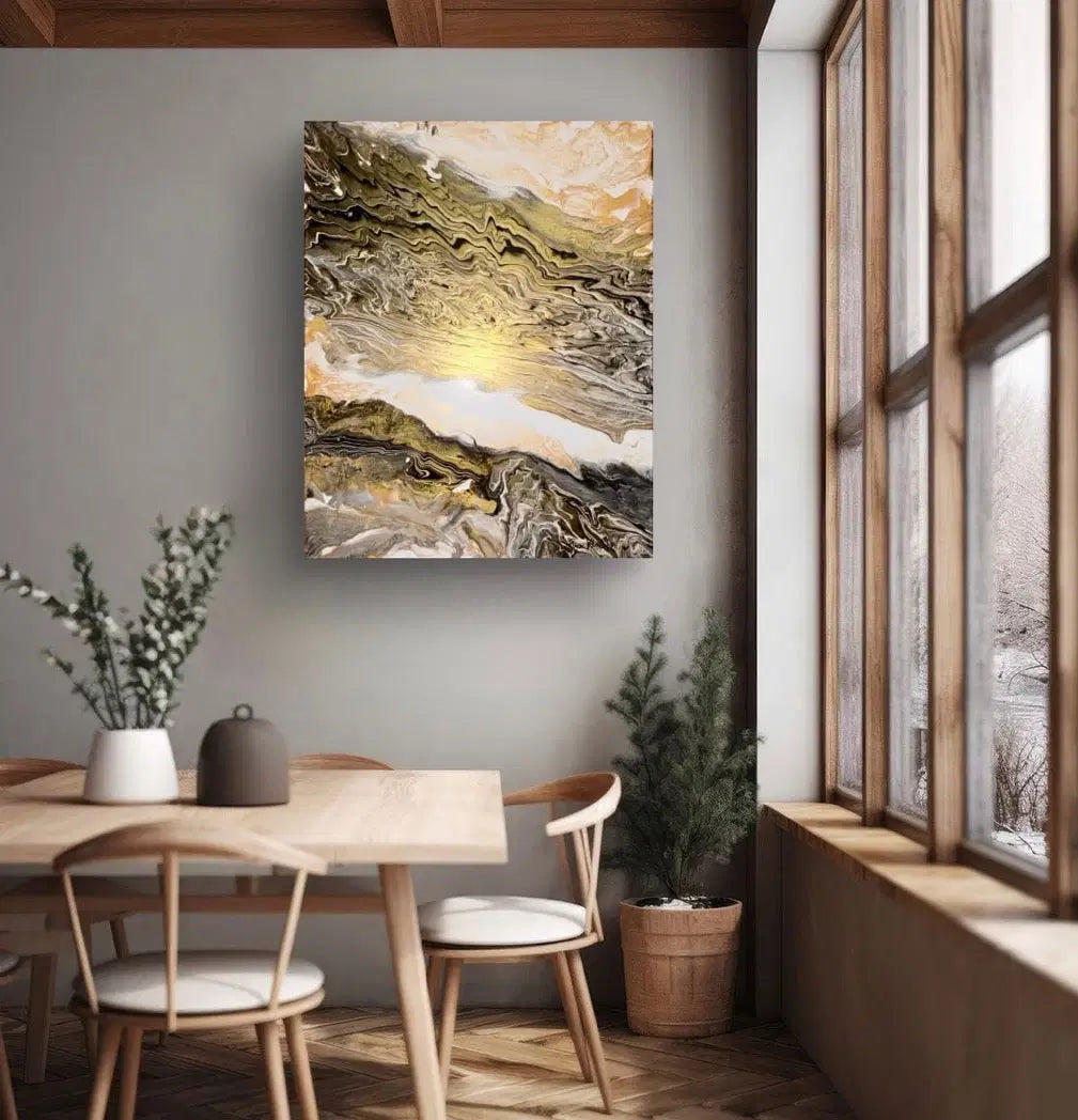 Dining room with a large abstract painting on the wall, wooden table, and chairs.