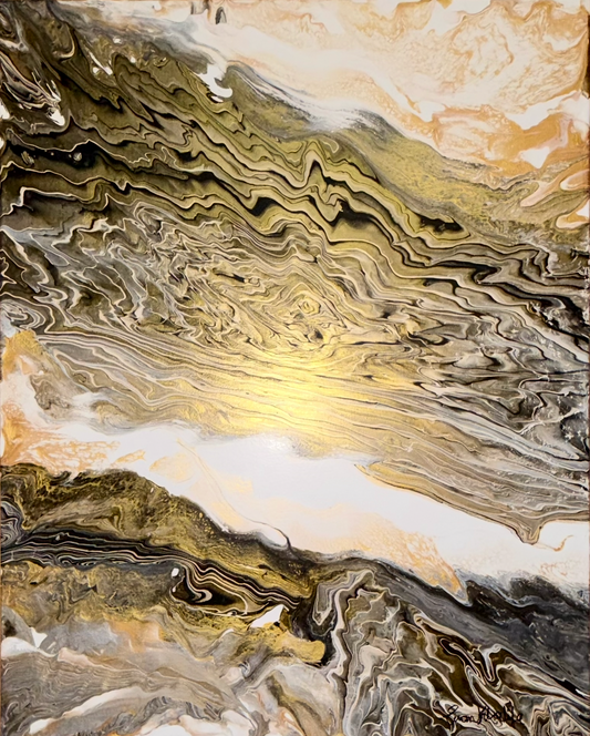 Abstract art with gold, black, and white colors