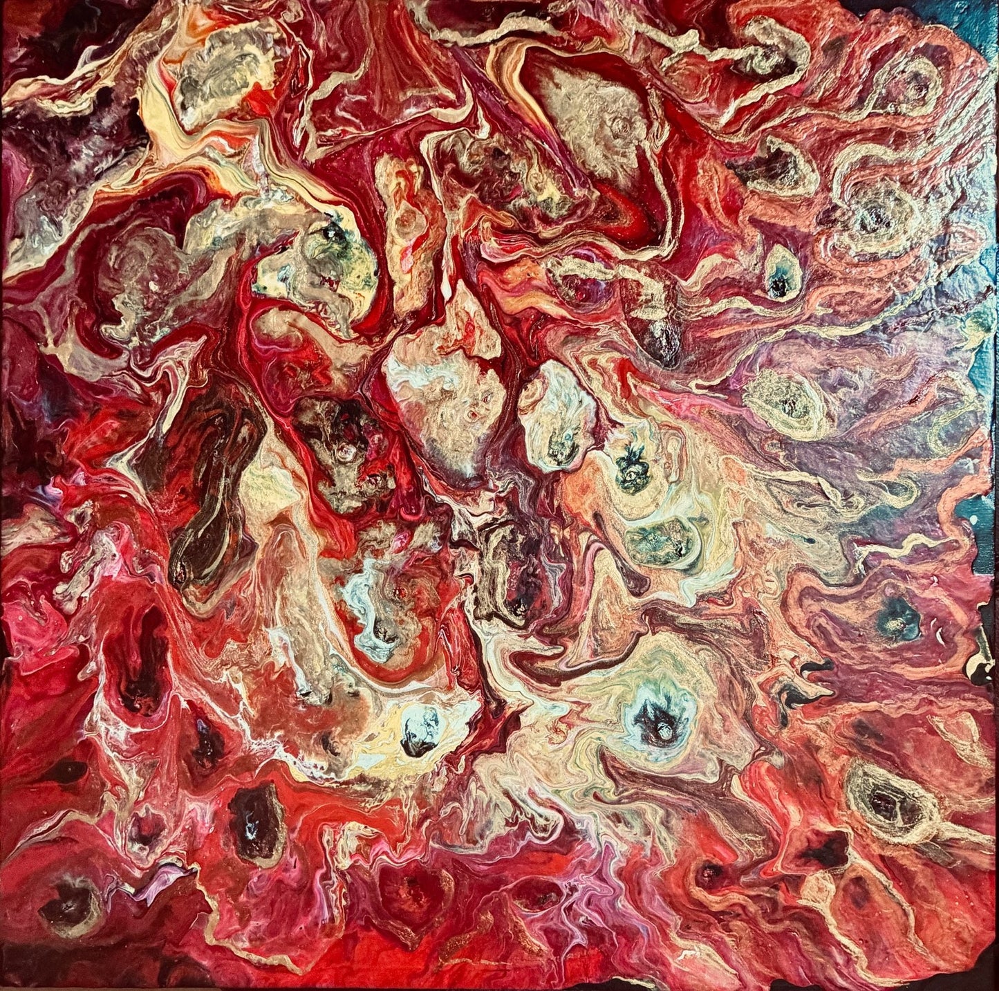 Love Burns red gold and crimson abstract acrylic painting by Eman Khalifa, 40 x 40 cm deep-edge canvas