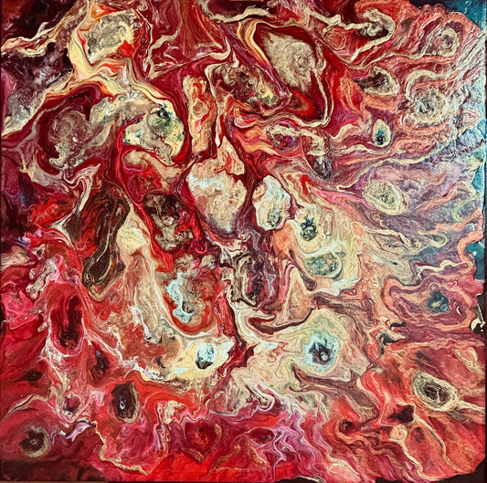 Love Burns red gold and crimson abstract acrylic painting by Eman Khalifa, 40 x 40 cm deep-edge canvas