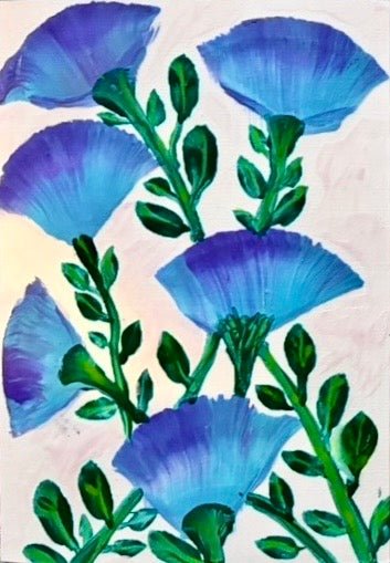 Mayan Blue Flowers by Eman Khalifa, fan-shaped blue and violet flowers with curved green stems against a pale background.