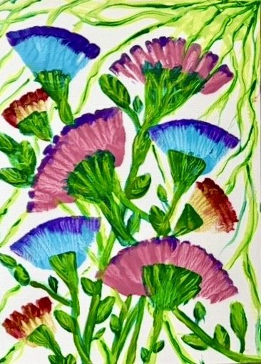 Mayan Flower Shower by Eman Khalifa, pink and blue fan-shaped flowers on sweeping green stems against a pale background.