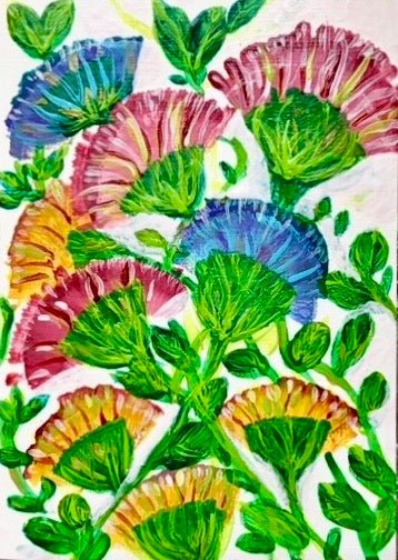 Mayan Flower Symphony by Eman Khalifa, a dense pattern of blue, mauve and ochre fan-shaped blooms among bright green leaves.