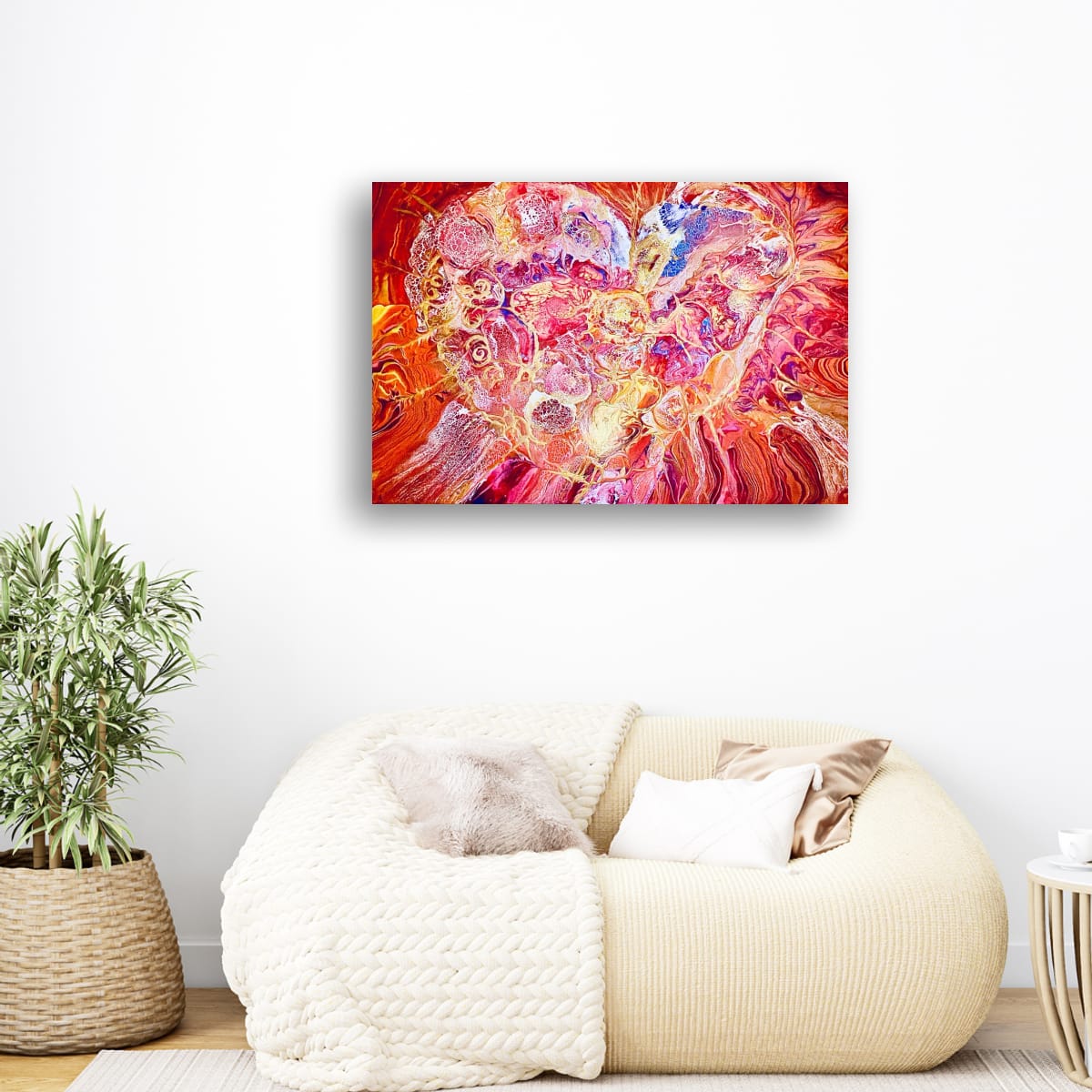 Orgasm by Eman Khalifa, a red and pink abstract painting with a luminous white and gold heart-like burst and flowing violet details above a white two seater sofa