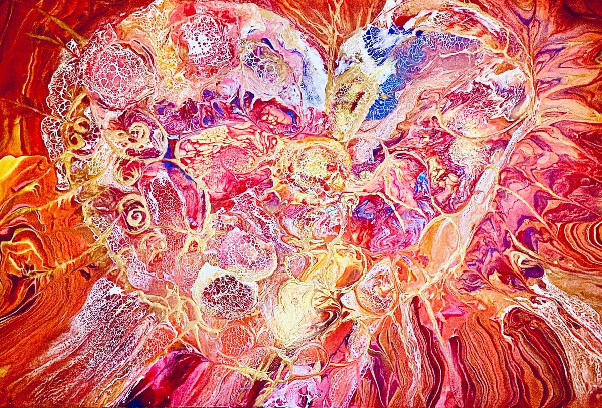 Orgasm by Eman Khalifa, a red and pink abstract painting with a luminous white and gold heart-like burst and flowing violet details.