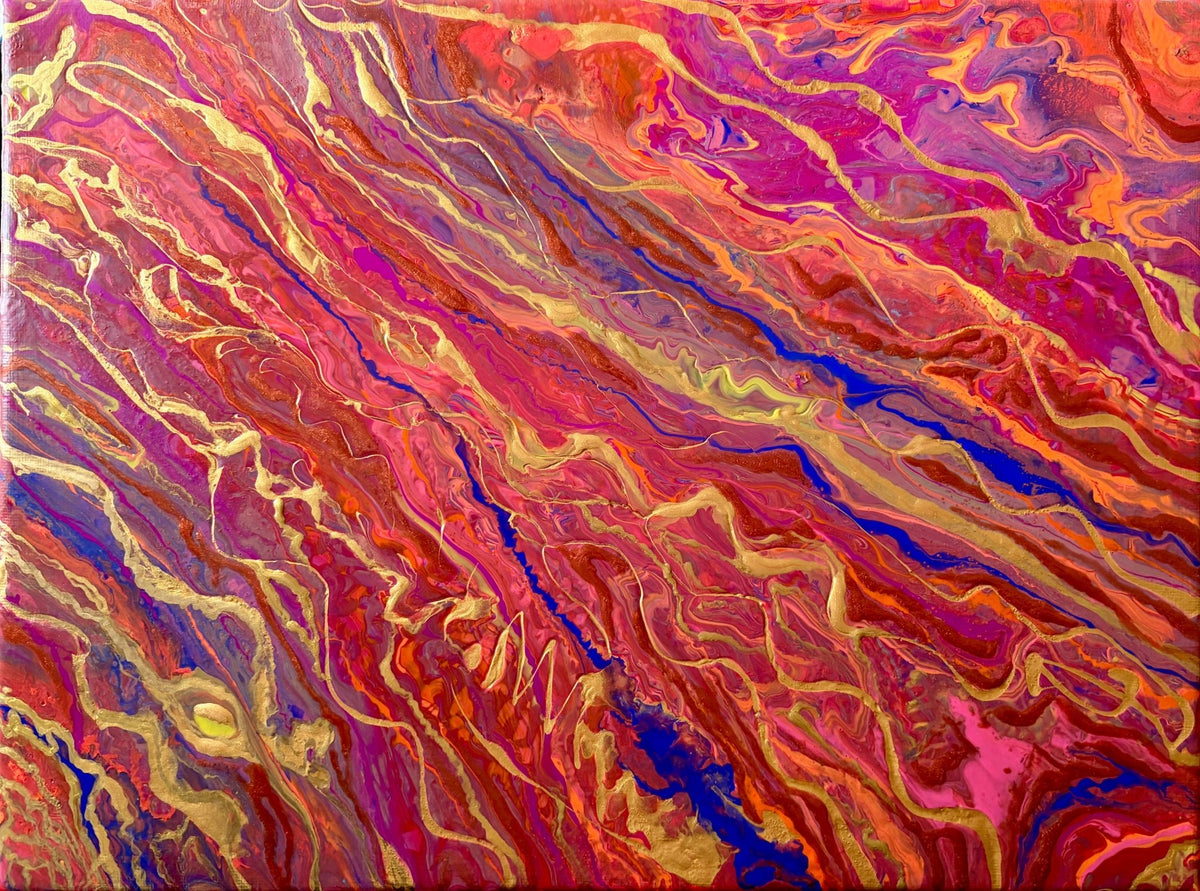 Passion by Eman Khalifa, an abstract painting of diagonal magenta, red and orange currents threaded with purple and gold lines.