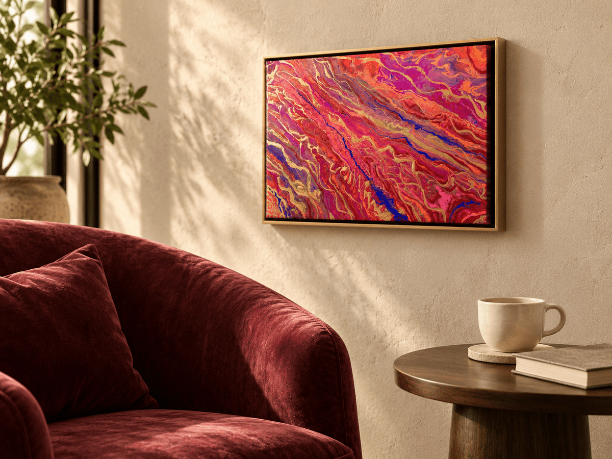A colorful abstract wall art print with swirling pink, red, orange, purple, and blue patterns, displayed in a gold frame on a textured beige wall above a burgundy armchair and next to a wooden side table with a white mug.
