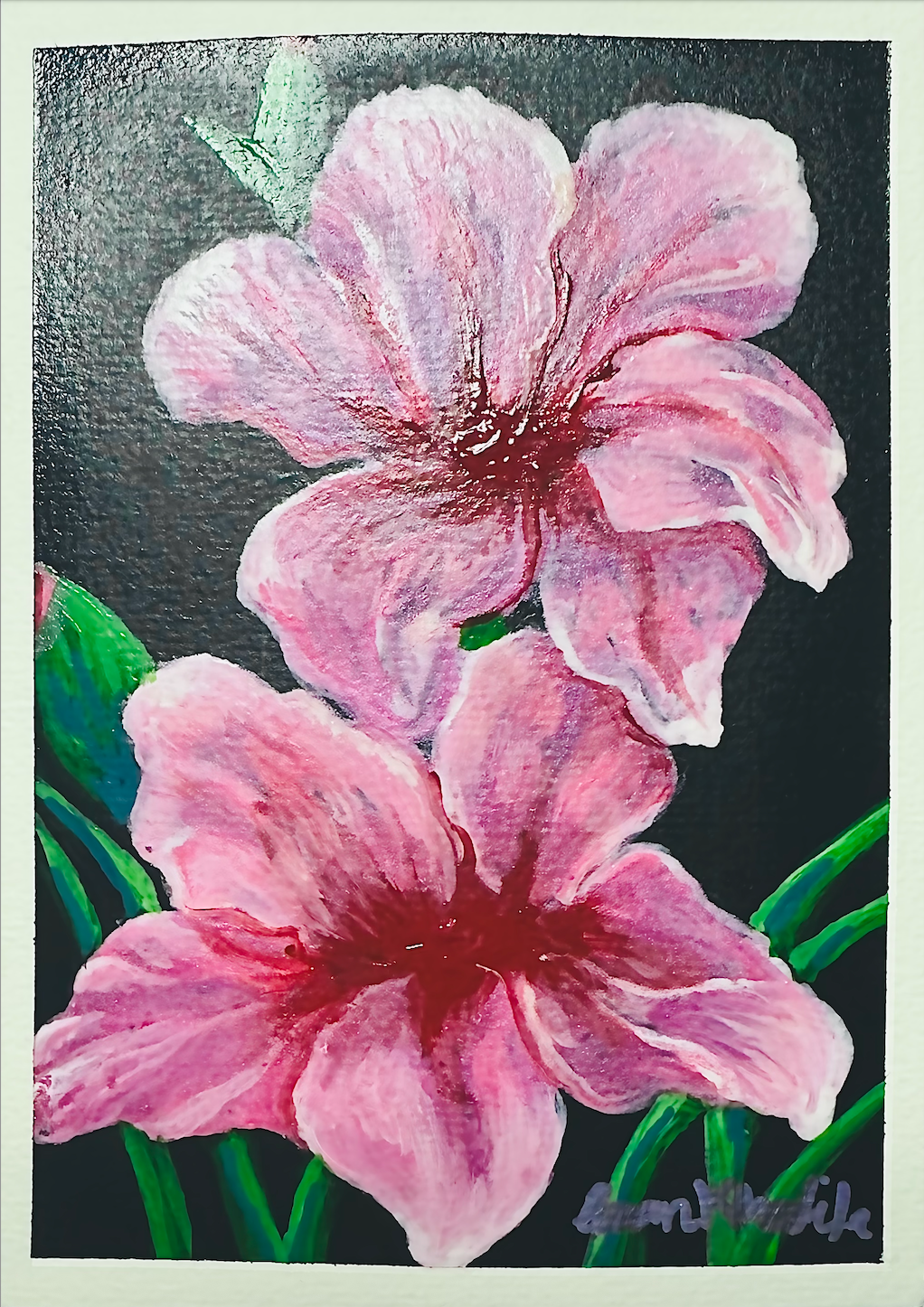 A6 original acrylic painting of two pink blossoms on dark background, botanical floral art by Eman Khalifa.