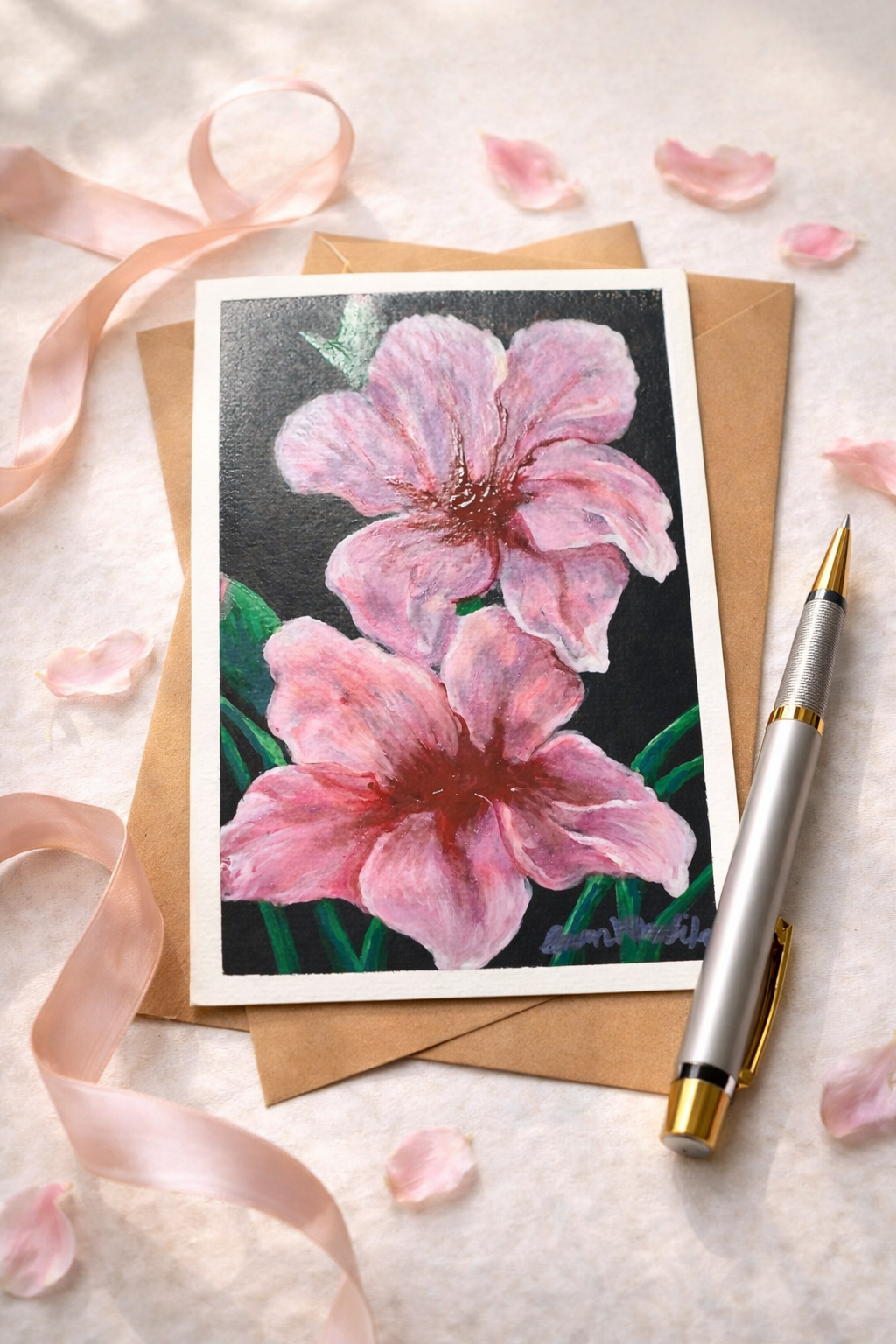A6 original acrylic painting of two pink blossoms on dark background, botanical floral art by Eman Khalifa, on a light surface with ribbons and petals.