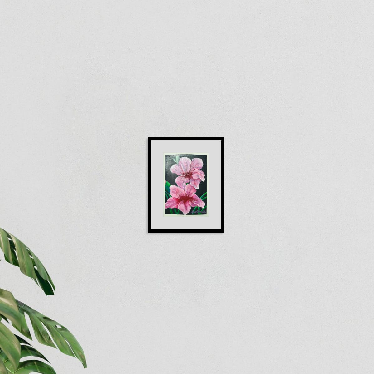 Framed artwork of an original acrylic painting of two pink blossoms on dark background, botanical floral art by Eman Khalifa, on a white wall with a plant in the corner.