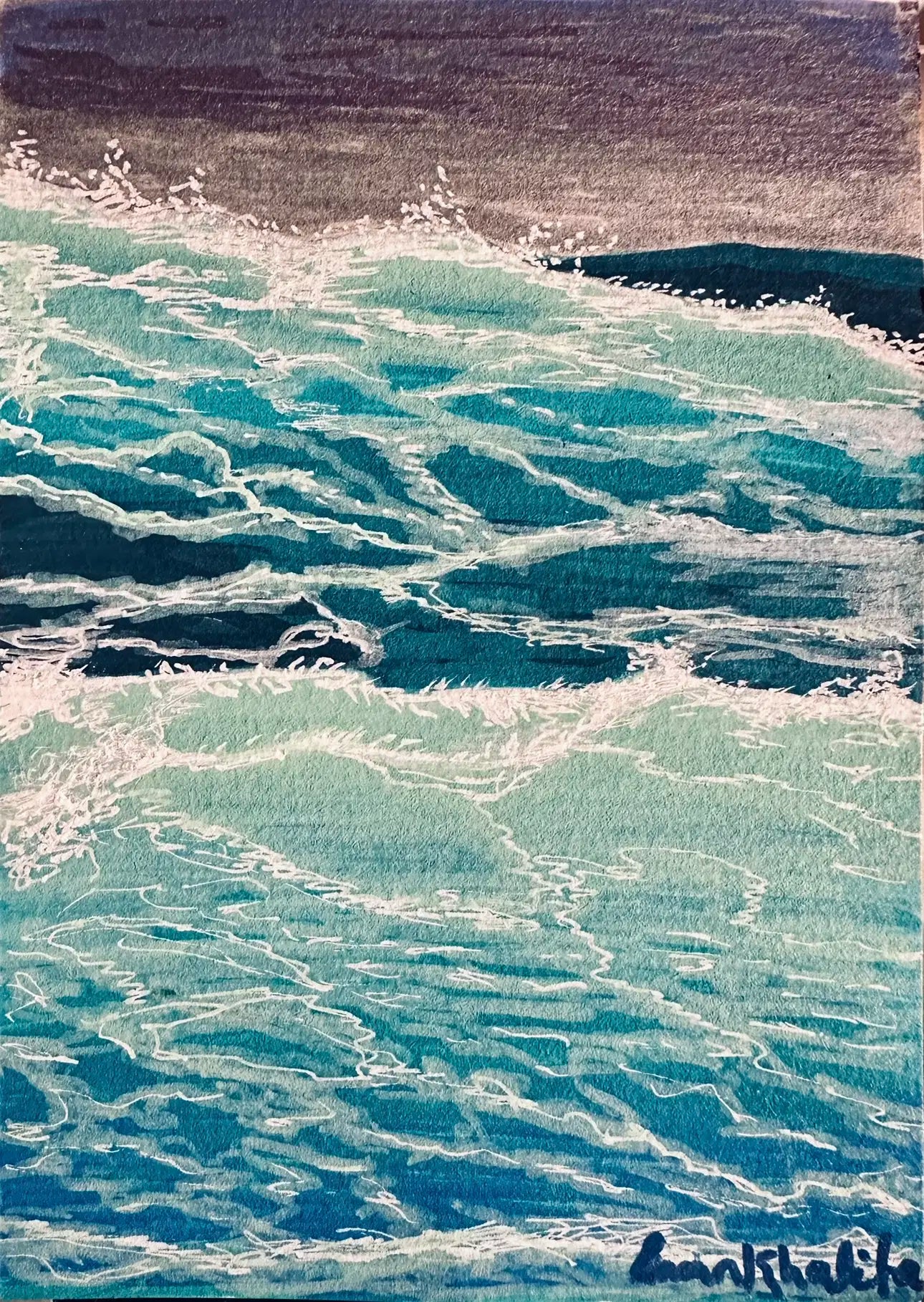 Original A6 acrylic ocean painting titled Restless Calm showing choppy blue waves and moody water movement