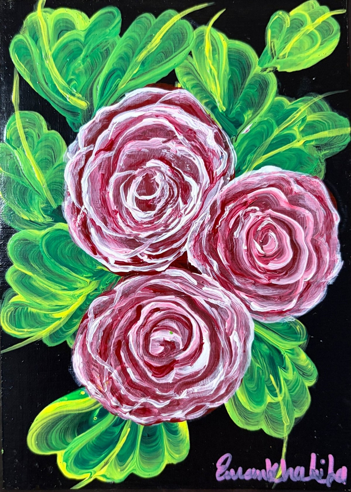 Rose Bouquet on Black by Eman Khalifa, three pink roses edged in white with vivid green leaves against a black background.