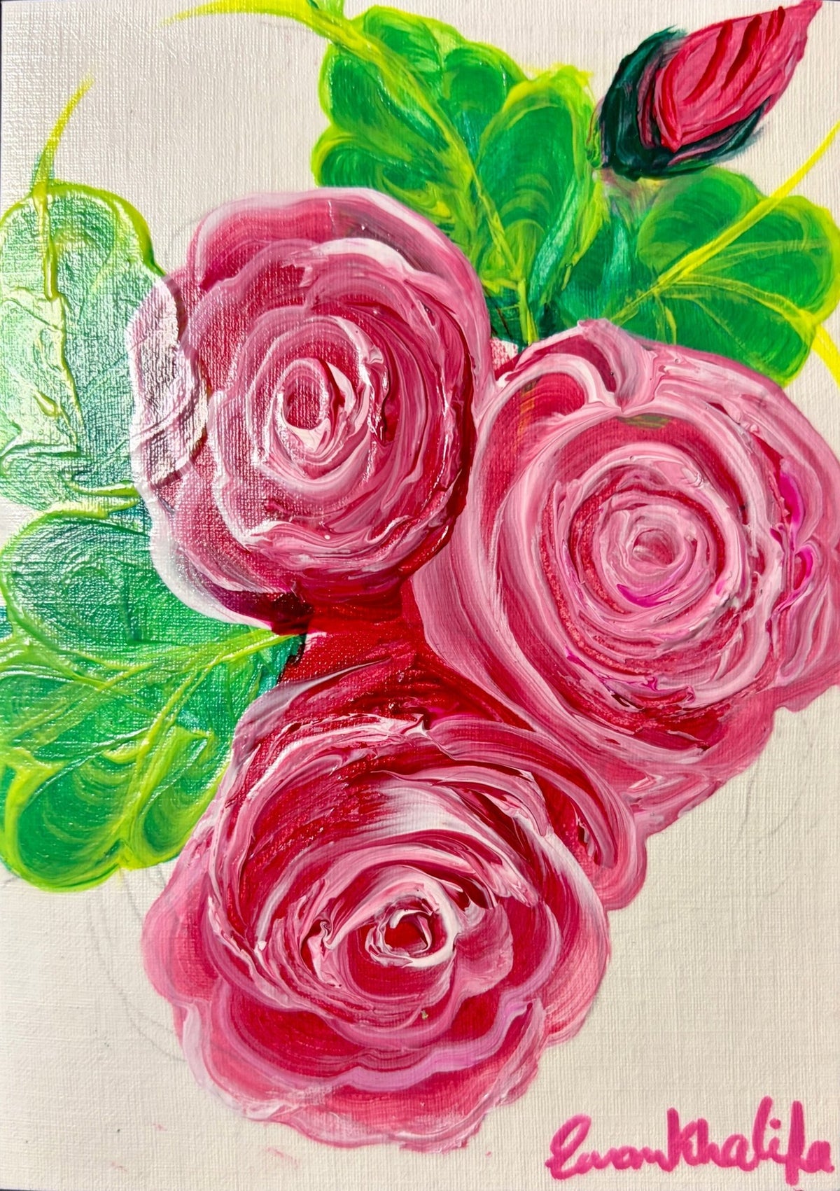 Rose Bouquet on White by Eman Khalifa, three pink roses and a red rosebud surrounded by bright green leaves on a pale ground.