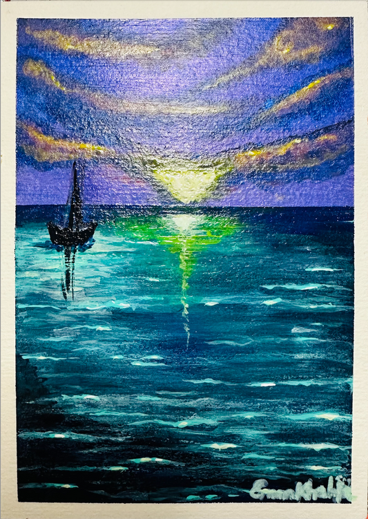 Mini Art - Twilight Sail - Seascape Sailboat Purple Teal