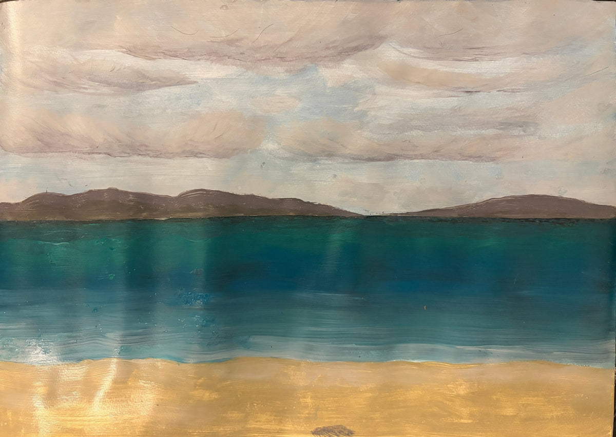 Solace by Eman Khalifa, a tranquil teal sea beneath a soft grey sky, with distant brown land and a warm sandy foreground.