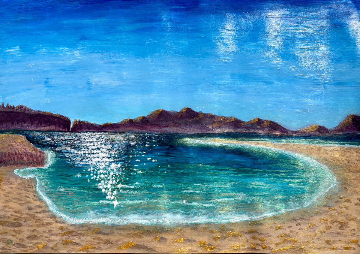 Solitude original contemporary Naxos seascape painting by Eman Khalifa, inspired by the turquoise waters of Plaka Beach, Greece