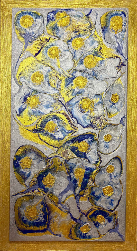 Abstract artwork with blue, yellow, gold and silver colors on a wooden frame.