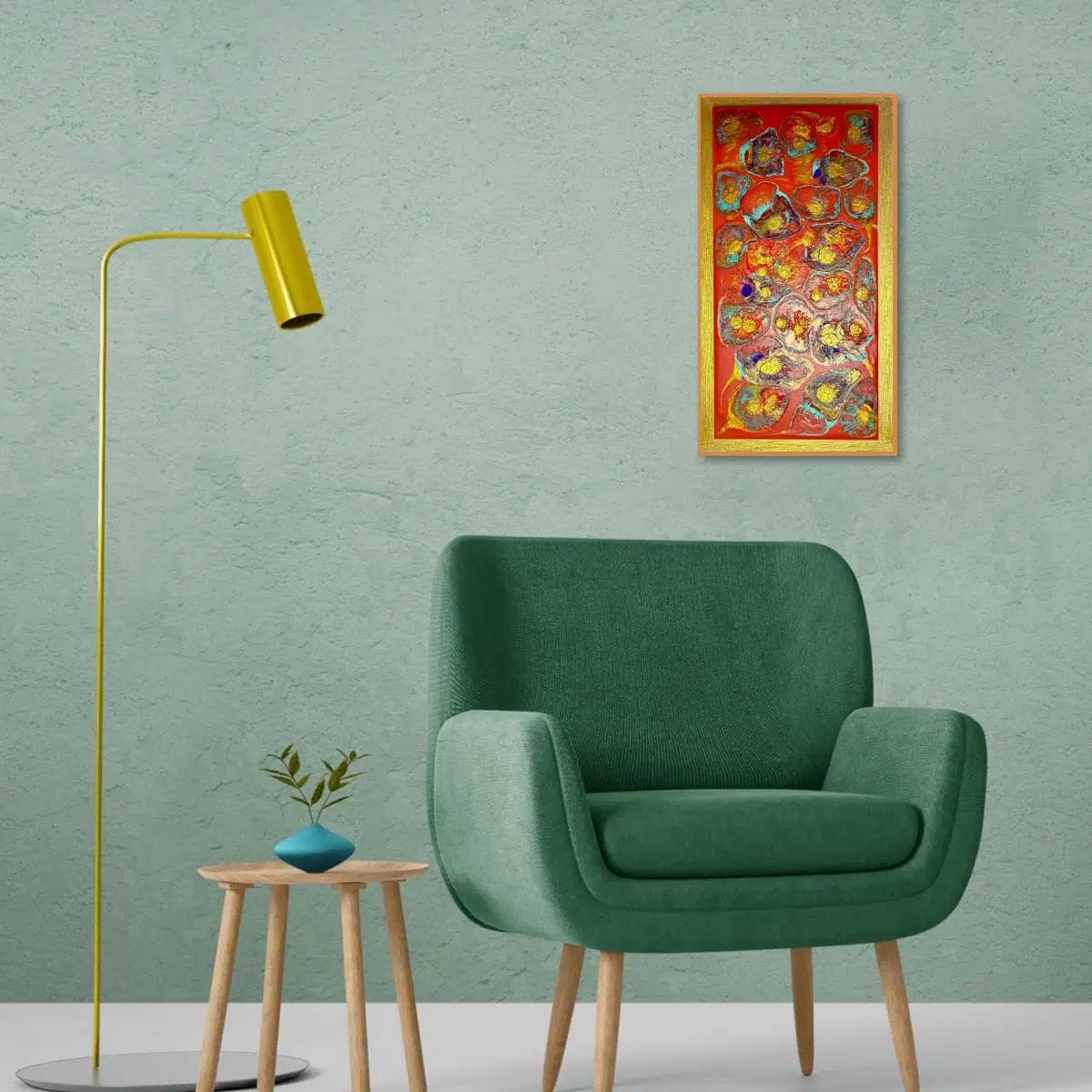 Green armchair in a room with a yellow floor lamp, small table, and colorful abstract painting on the wall.