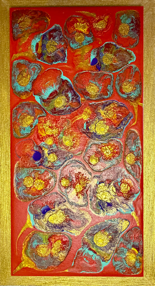 Abstract artwork with vibrant colors on a red background