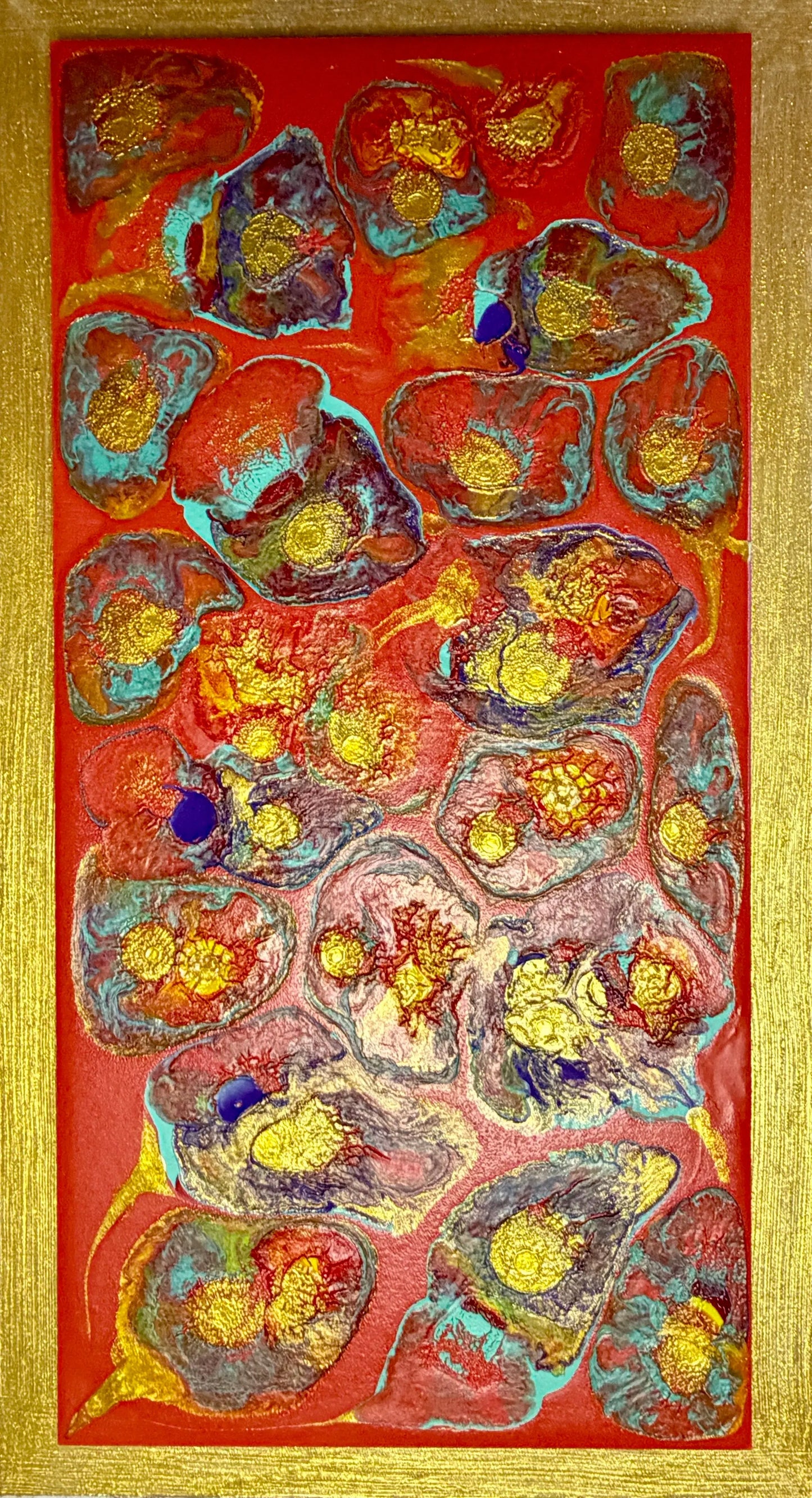 Abstract artwork with vibrant colors on a red background