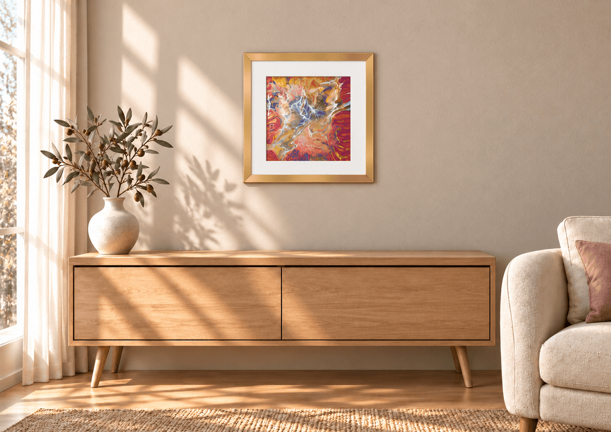 Ecstasy by Eman Khalifa, a square abstract painting with pale branching forms amid violet, pink, blue and gold flowing colour hung in a gold frame above an oak console