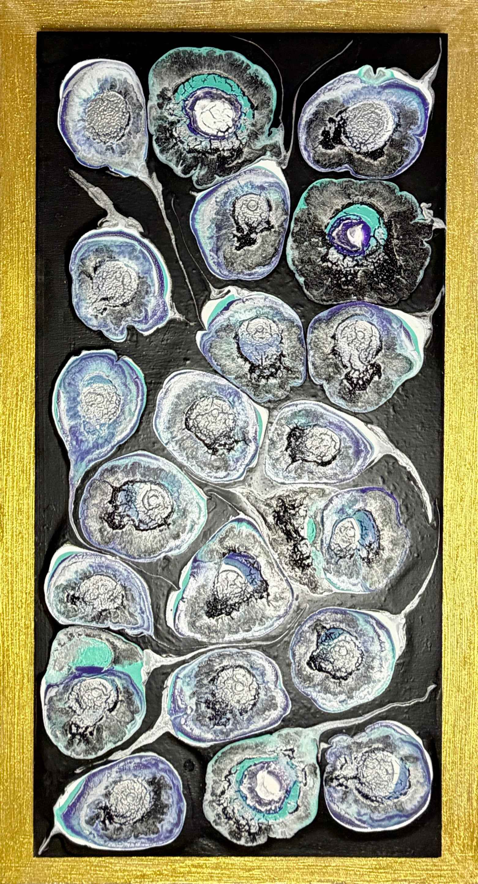 Winter Depth - Original Abstract Painting of silver and blue icy flowers on a black background, in a gold frame