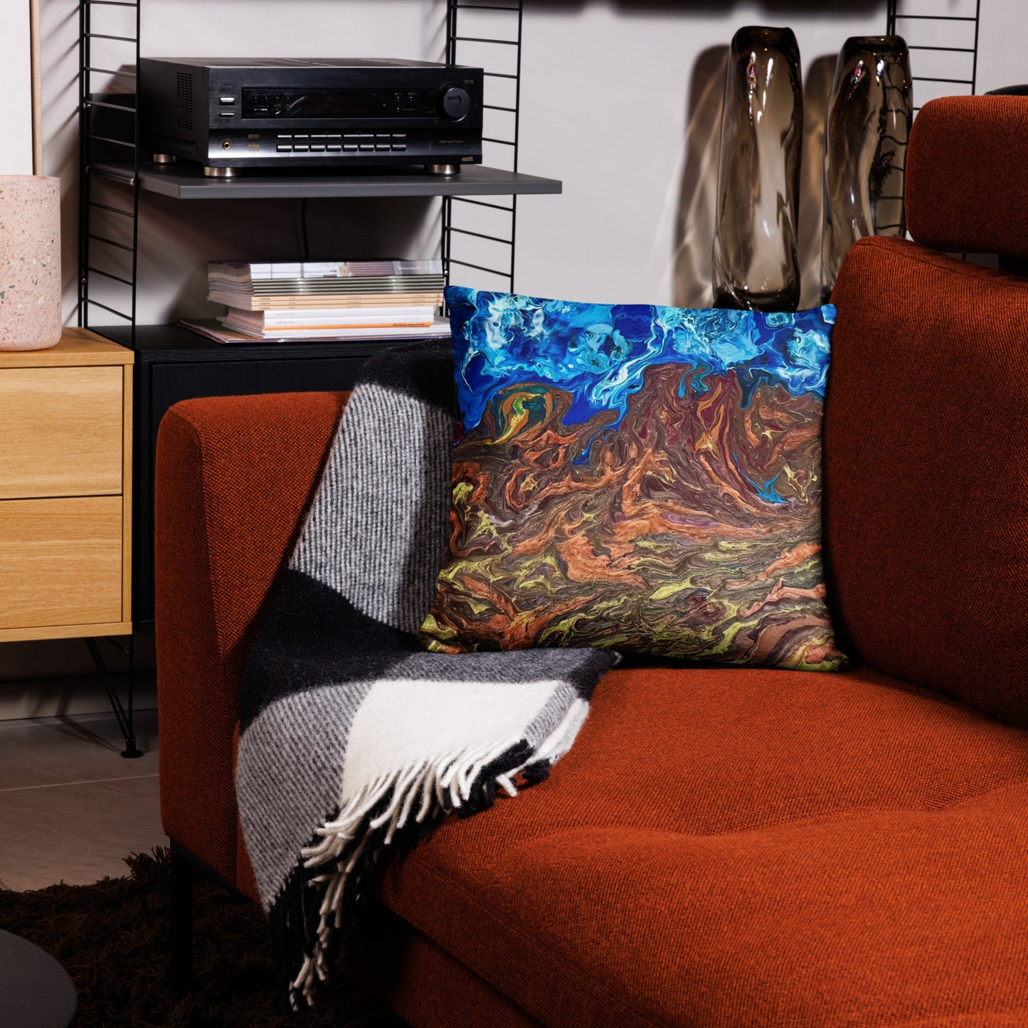 Framed fine‑art print of ‘Zeffir’ featuring copper plumes and blue‑white acrylic‑pour swirls