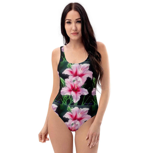One Piece Swimsuit - Desire - Pink Lily Floral Art