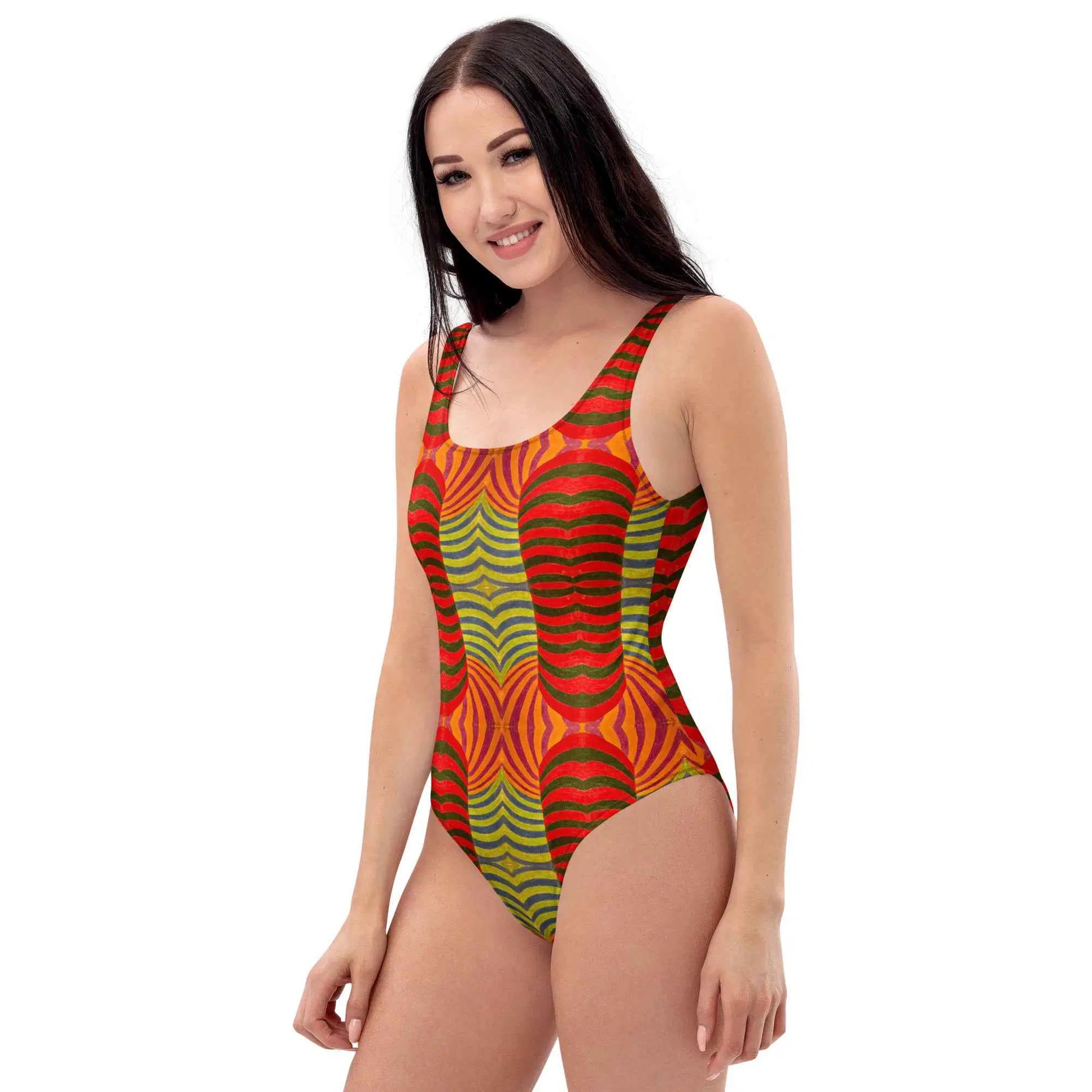 One Piece Swimsuit - No Brake Zone - Geometric Op Art Motion