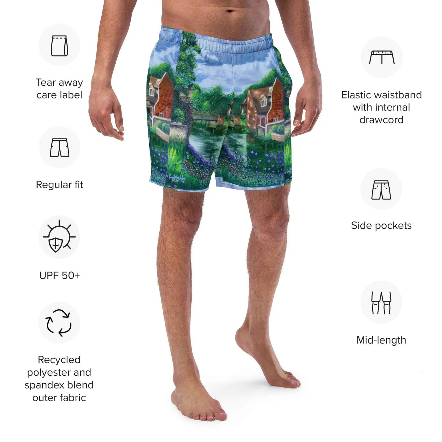 Men's Swim Trunks - River Melody - Impressionist Landscape