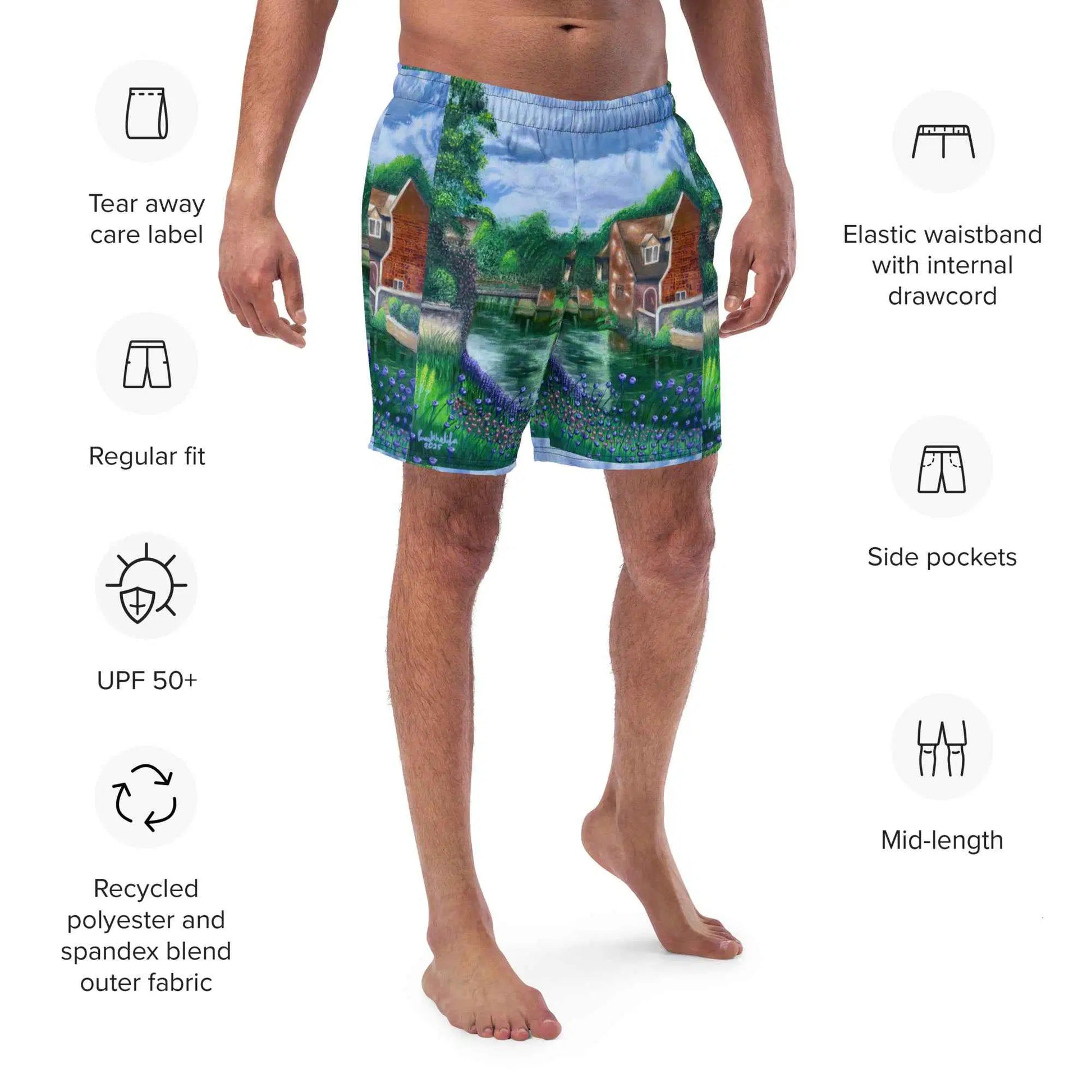 Men's Swim Trunks - River Melody - Impressionist Landscape