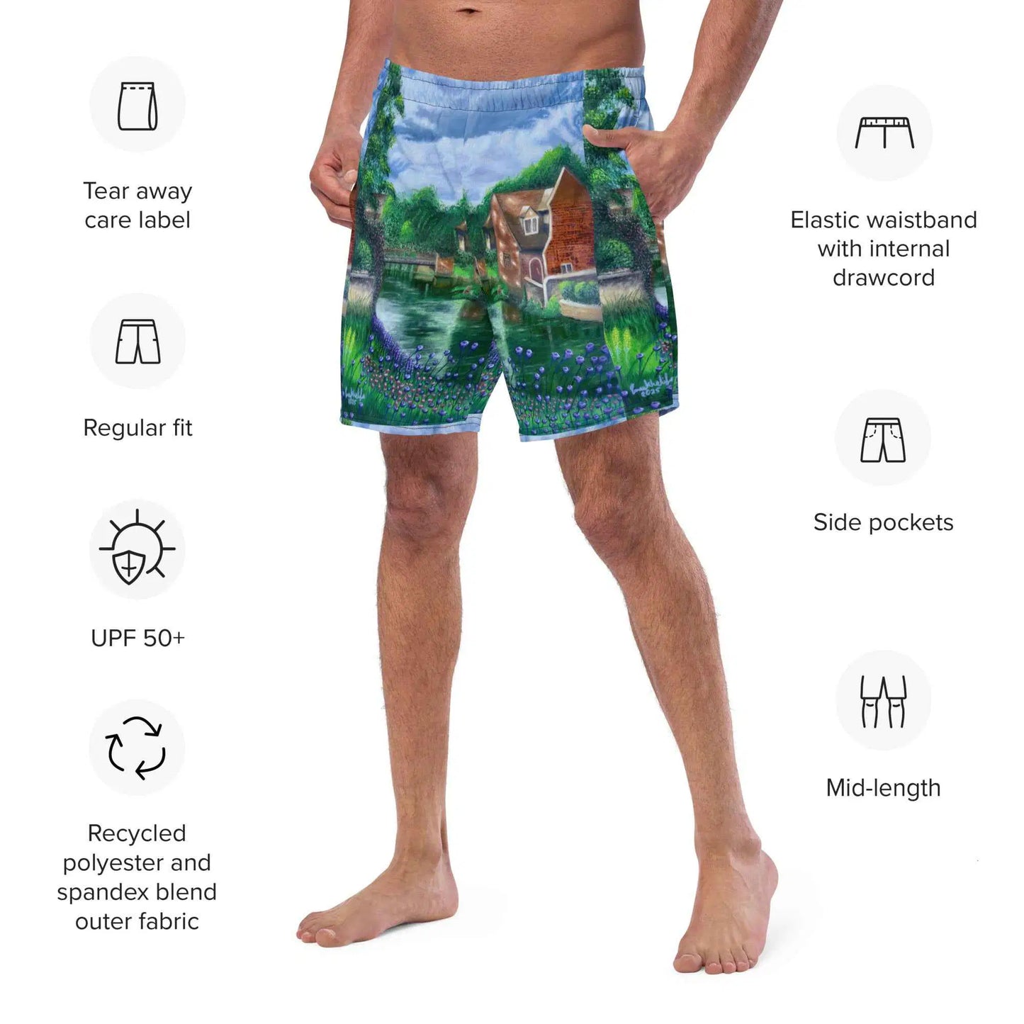 Men's Swim Trunks - River Melody - Impressionist Landscape