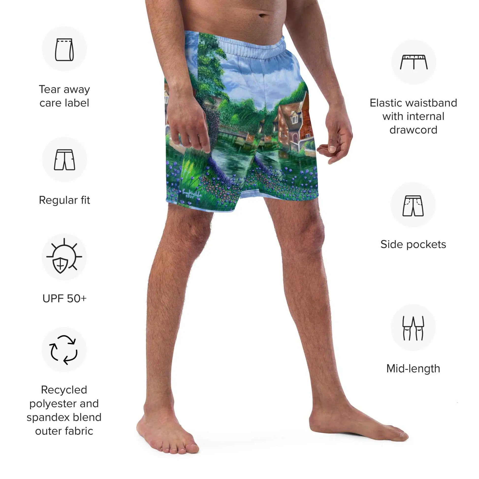 Men's Swim Trunks - River Melody - Impressionist Landscape