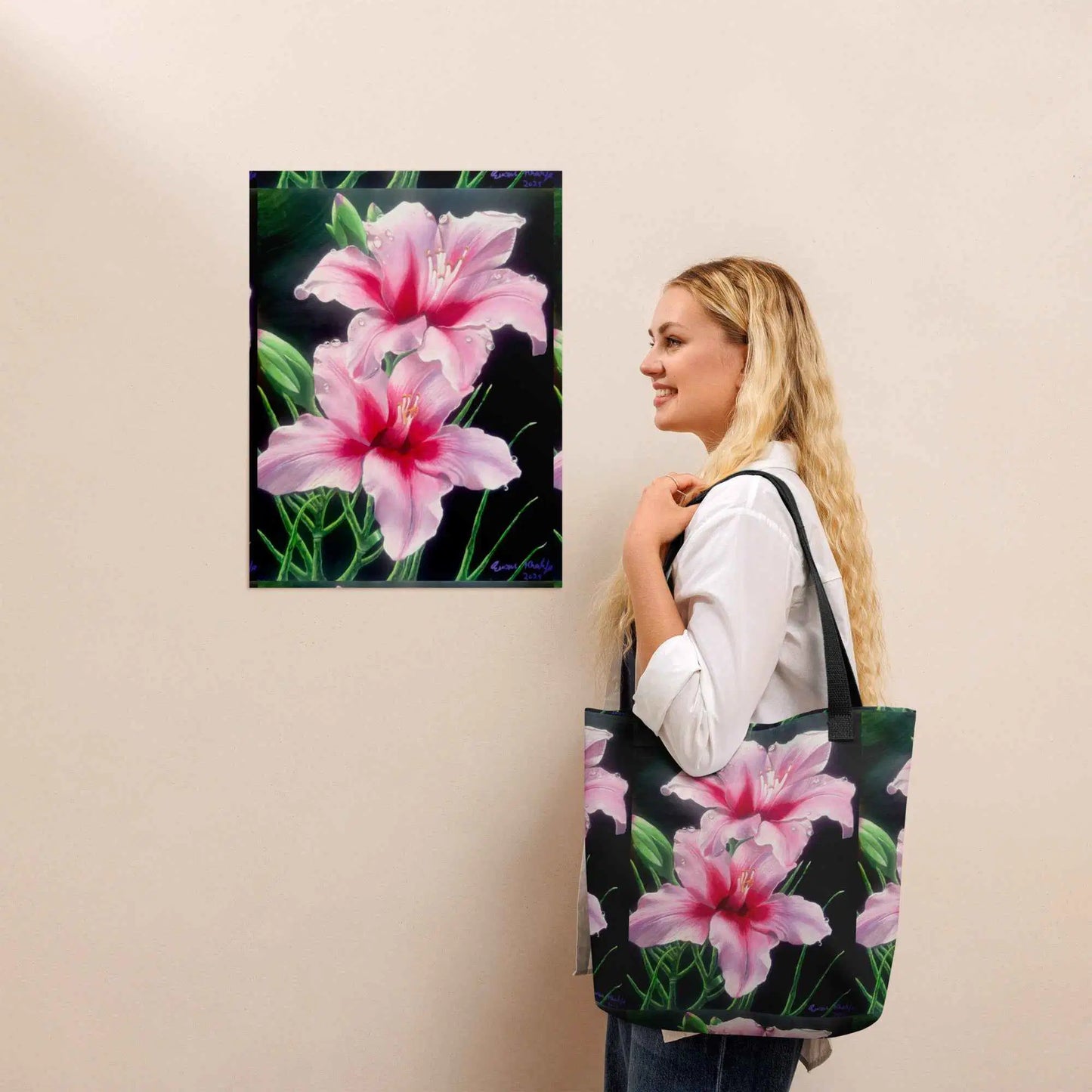 Tote Bag - Desire - Pink Lily Floral Realism on Black
