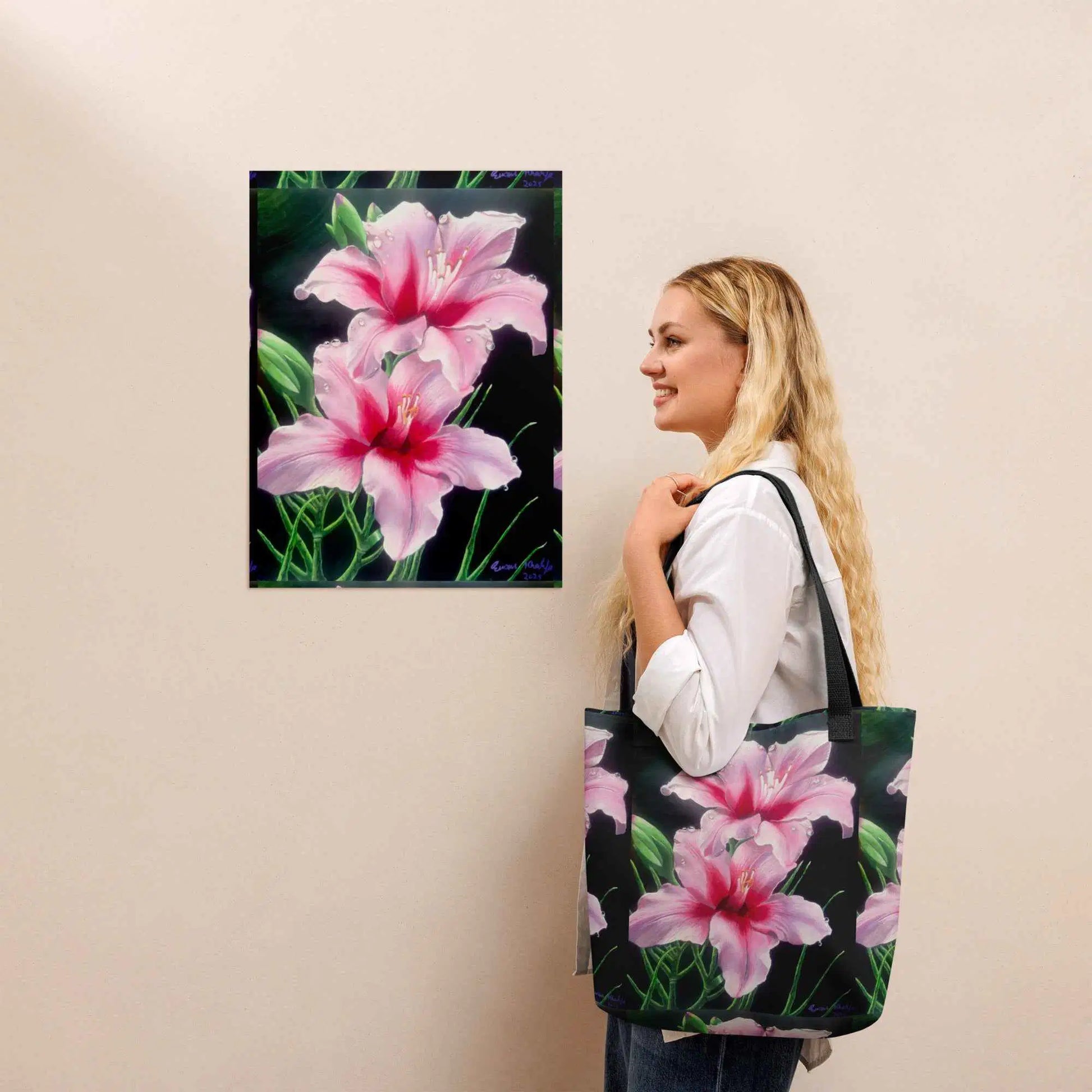 Tote Bag - Desire - Pink Lily Floral Realism on Black