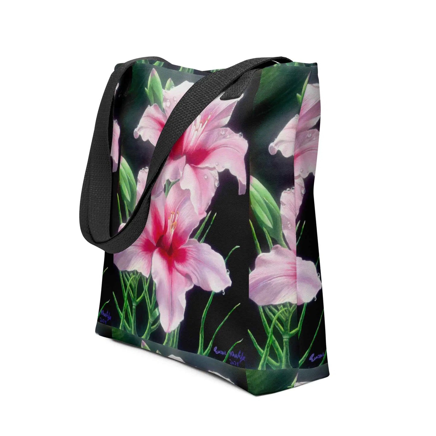 Tote Bag - Desire - Pink Lily Floral Realism on Black