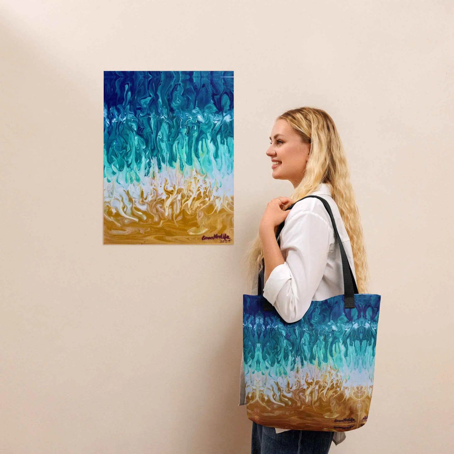 Tote Bag - Good Tidings - Fluid Blue Gold Ocean