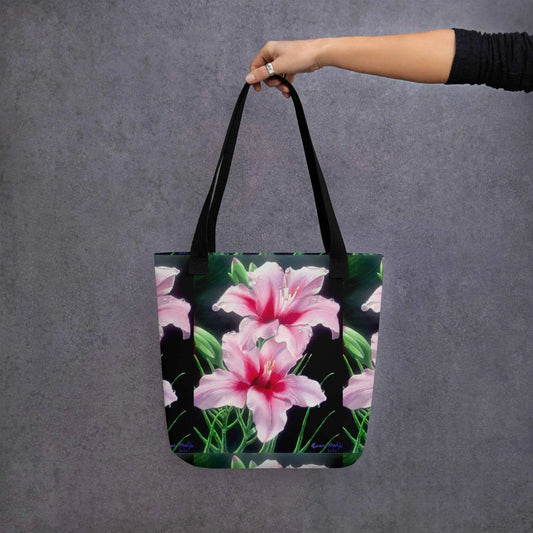 Tote Bag - Desire - Pink Lily Floral Realism on Black