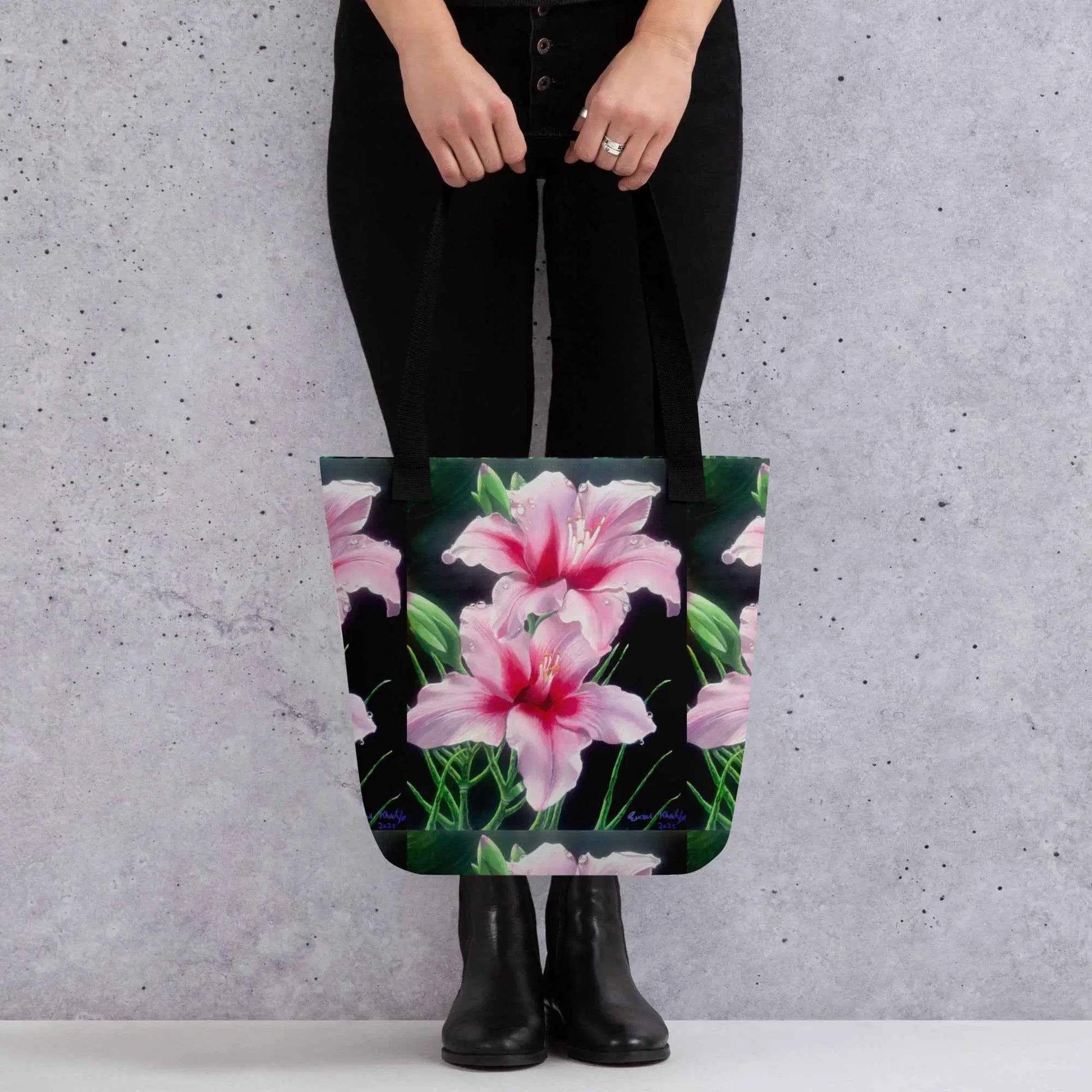 Tote Bag - Desire - Pink Lily Floral Realism on Black