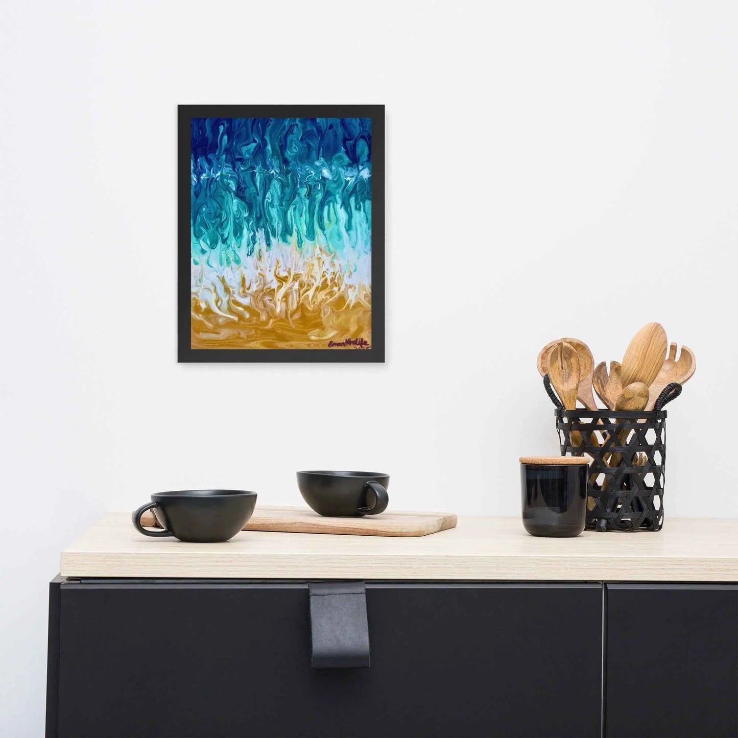 Framed Paper Print - Good Tidings - Fluid Blue Gold