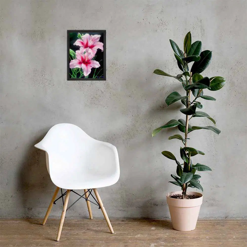 Framed Print - Desire - Pink Lily Floral Realism on Black