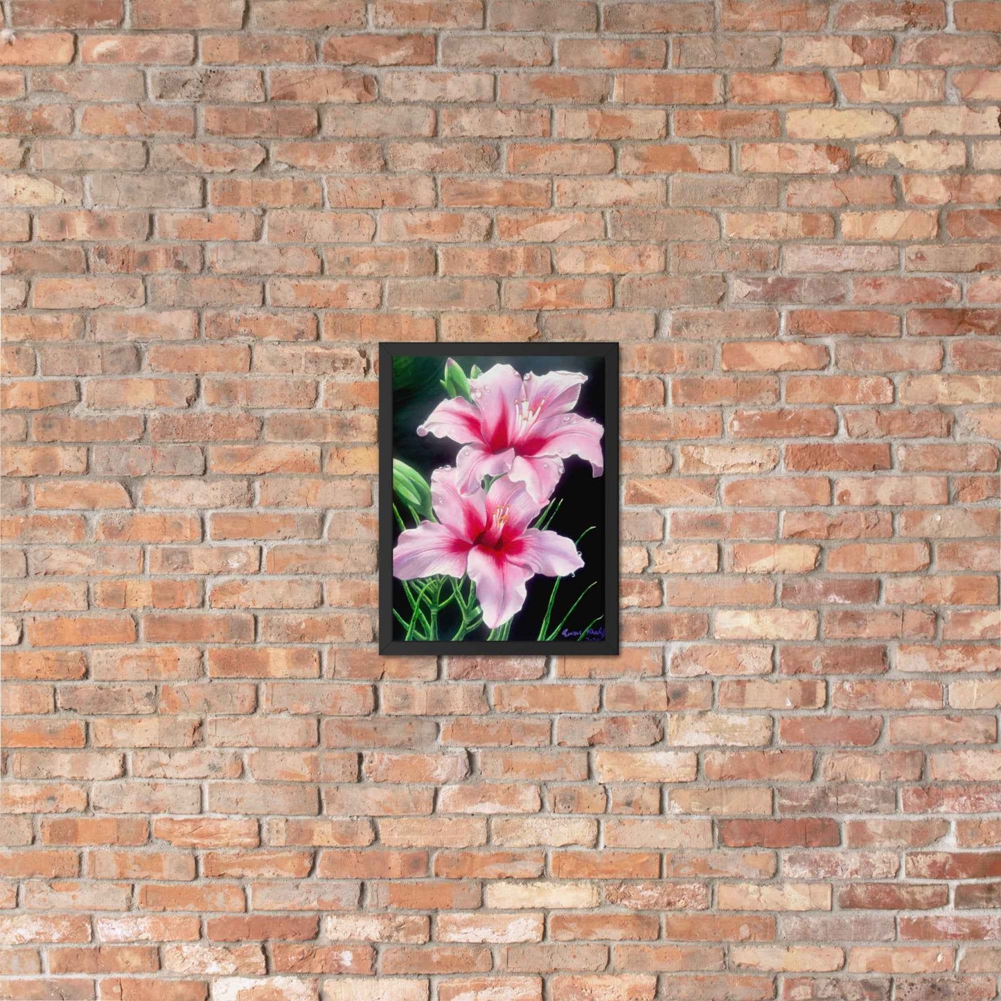 Framed Print - Desire - Pink Lily Floral Realism on Black