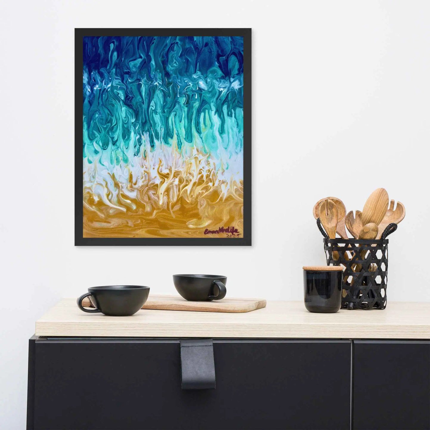 Framed Paper Print - Good Tidings - Fluid Blue Gold