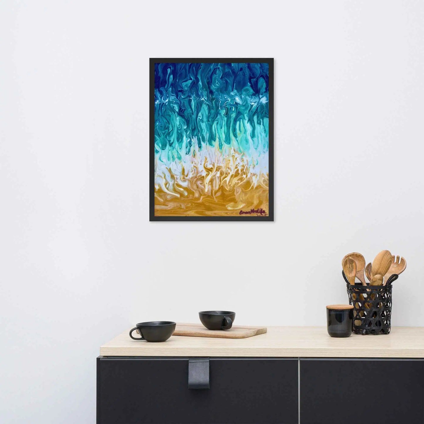 Framed Paper Print - Good Tidings - Fluid Blue Gold